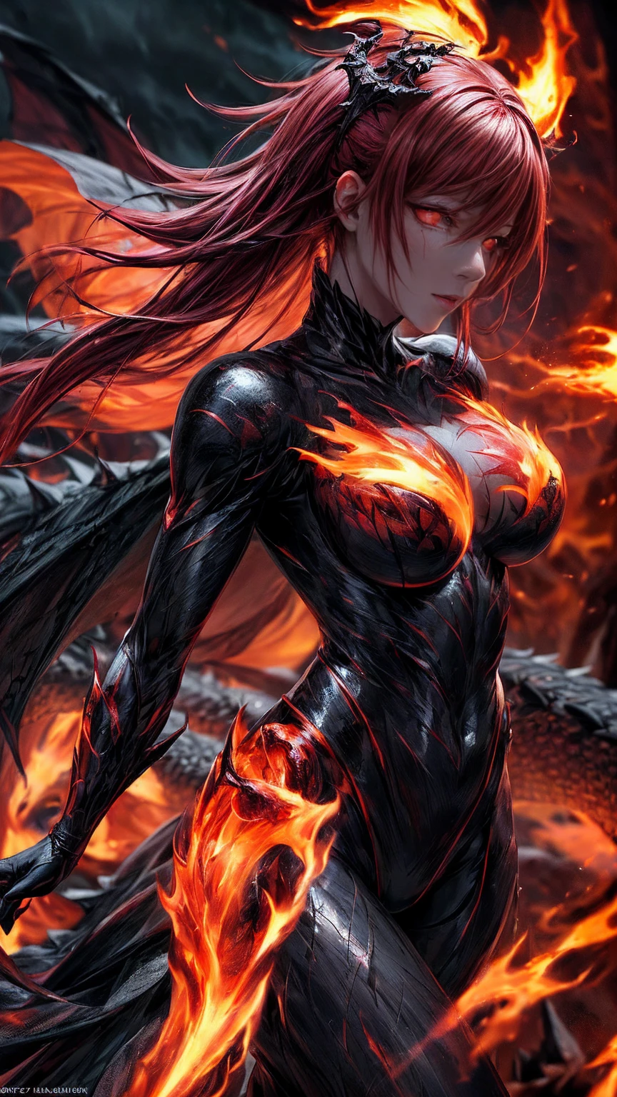 masterpiece, highest quality, dragonlady queen, bright red glowing eyes, detailed eyes (1.4), scars on face, villainous expression, flaming skin body with bioluminescent glowing pattern, ready for battle, blurred stormy background, dark atmosphere, lighting in background,full body,