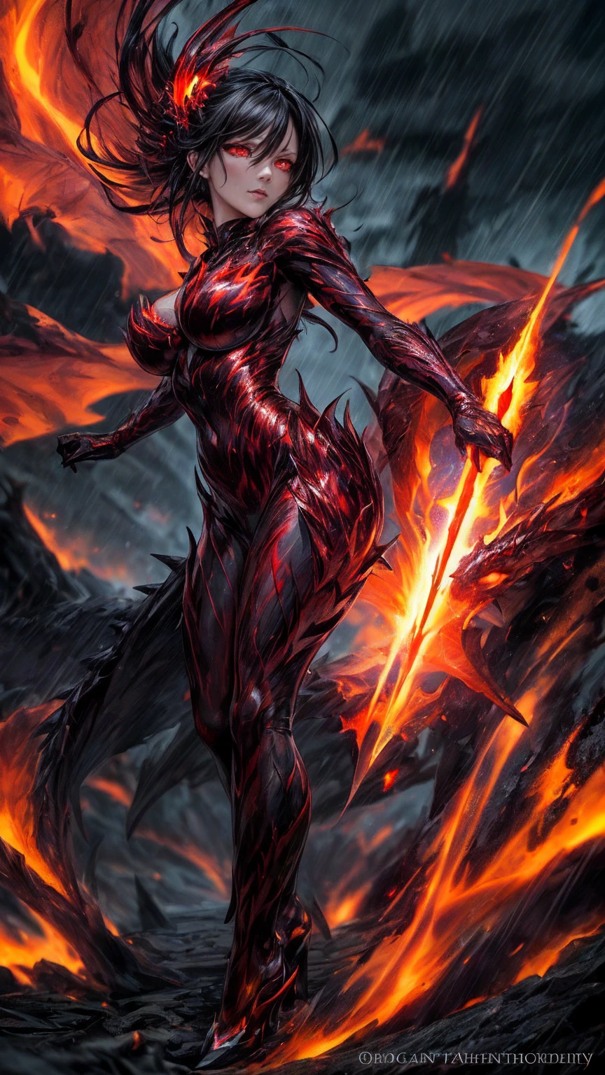 Storyboard, masterpiece, highest quality, dragonlady queen, perfect demoness, bright red glowing eyes, detailed eyes (1.4), scars on face, villainous expression, flaming skin body with bioluminescent glowing pattern, ready for battle, blurred stormy background, dark atmosphere, lighting in background,full body,