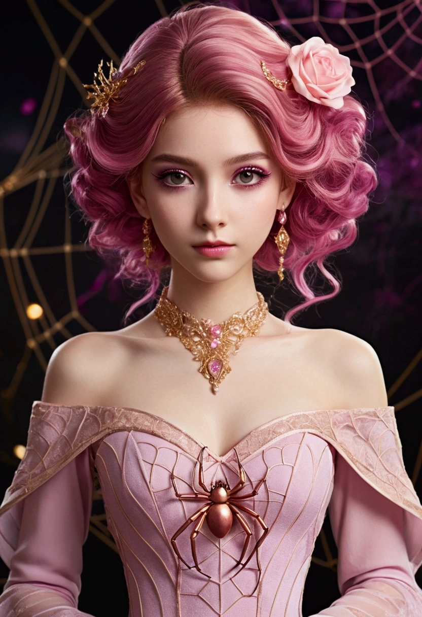 Create an anime-style girl with deep magenta eyes and long, wavy pink hair styled in an elegant updo. She is slender with small breasts. She wears a regal, ethereal dress with elegant and fantasy elements, featuring a gold, pastel pink, and rose gold color scheme. The dress has intricate spider web patterns and motifs.