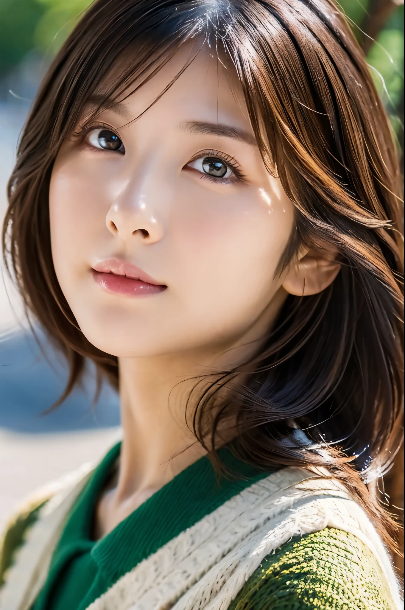 8k, Highest quality, masterpiece, Realistic, Photorealistic, Ultra-detailed, Natural light, 非常にDetailed faceと肌, Detailed eyes, 非常にDetailed faceと肌の中間ショット, Beautiful woman looking at camera, Sexy pose, Tabletop, Beautiful Face, Realistic Face, Detailed face, Beautiful hairstyle, Realistic eyes, Detailed eyes, Realistic Skin, Detailed skin, Beautiful Skin, Charm, 超Realistic, Sexy green cardigan, kind, Brown Hair, Cute Japanese Girl, whole body