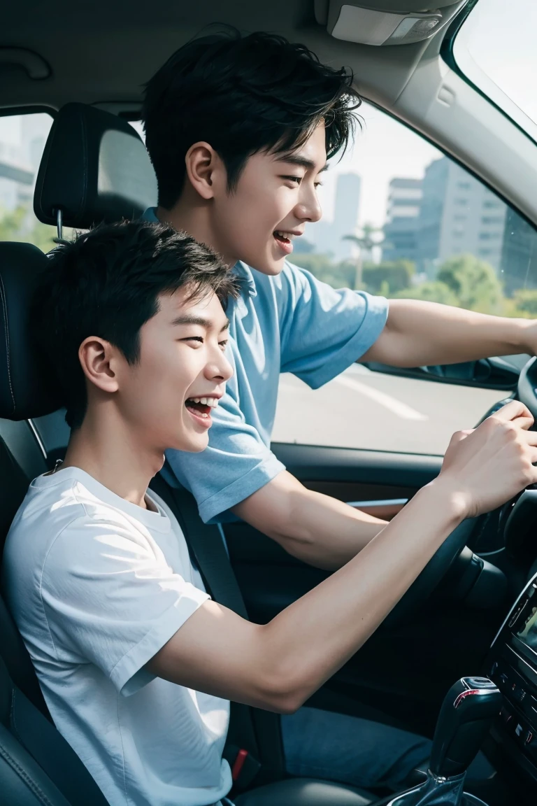 Two young Chinese youths,Drive in the car,Talking and laughing