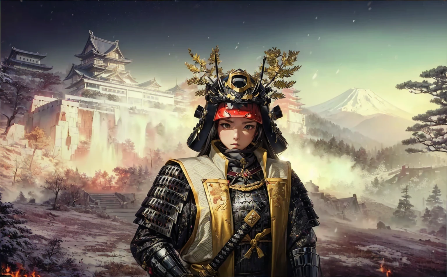 Female, (girls:1.5), (exceptional, best aesthetic, new, newest, best quality, anime, waifu:1.2), best quality, ultra detailed, absurdres, highres, colored, good anatomy, black hair, pretty face, Japanese Samurai armor, Samurai helmet, laurel leaves on helmet, swords, cape, Japanese castle, tree, snow mountain, fire,
