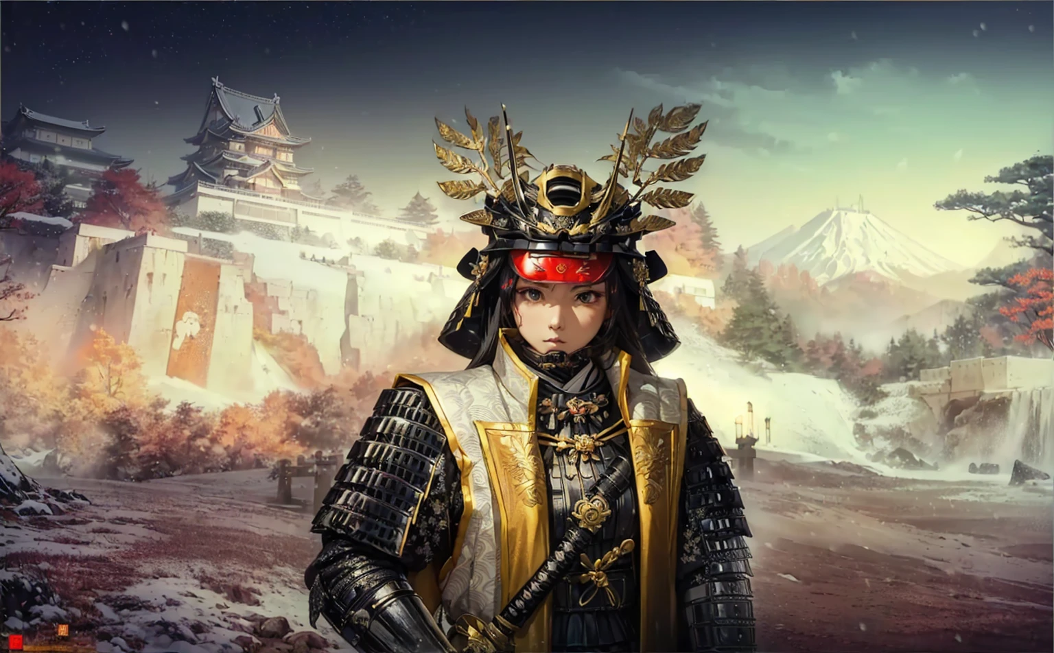 Female, (girls:1.5), (exceptional, best aesthetic, new, newest, best quality, anime, waifu:1.2), best quality, ultra detailed, absurdres, highres, colored, good anatomy, black hair, pretty face, Japanese Samurai armor, Samurai helmet, laurel leaves on helmet, swords, cape, Japanese castle, tree, snow mountain, fire,
