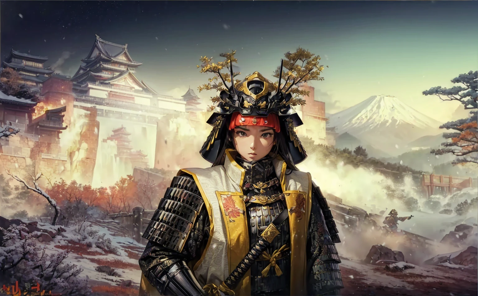 Female, (girls:1.5), (exceptional, best aesthetic, new, newest, best quality, anime, waifu:1.2), best quality, ultra detailed, absurdres, highres, colored, good anatomy, black hair, pretty face, Japanese Samurai armor, Samurai helmet, laurel leaves on helmet, swords, cape, Japanese castle, tree, snow mountain, fire,