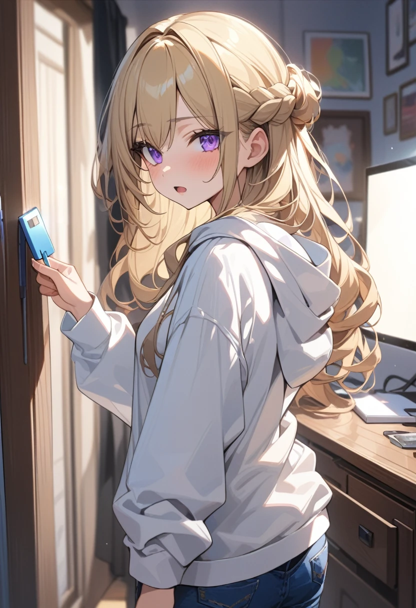 masterpiece, best quality, extremely detailed, ultra detailed, flat anime, 2D,
1girl, (young adult:1.2),blonde hair, (semi-long hair:1.2), curly hair, french braid, medium breasts, purple eyes, tsurime, height 1.7meters,
white hooded sweatshirt, jeans,bracelet, long sleeves,socks,
very interesting, open mouth, ((USB flash drive in hand)),
upper body, portrait, looking back
summer, livingroom, 12AM., standing