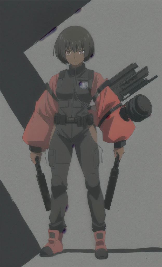 90s anime grown black skinned women with short black hair wearing a swat gear full body