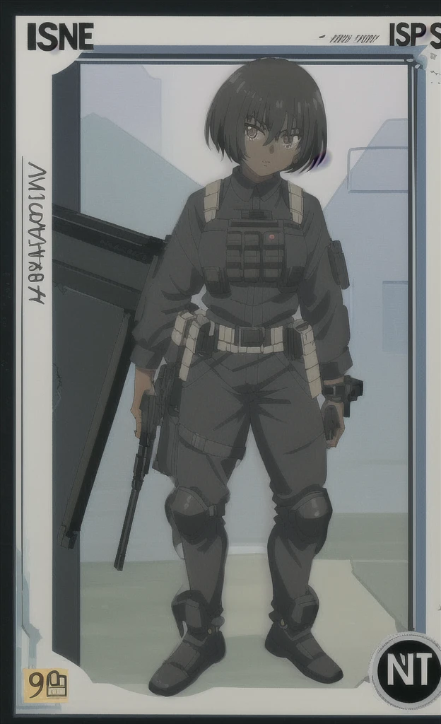 90s anime grown black skinned women with short black hair wearing a swat gear full body