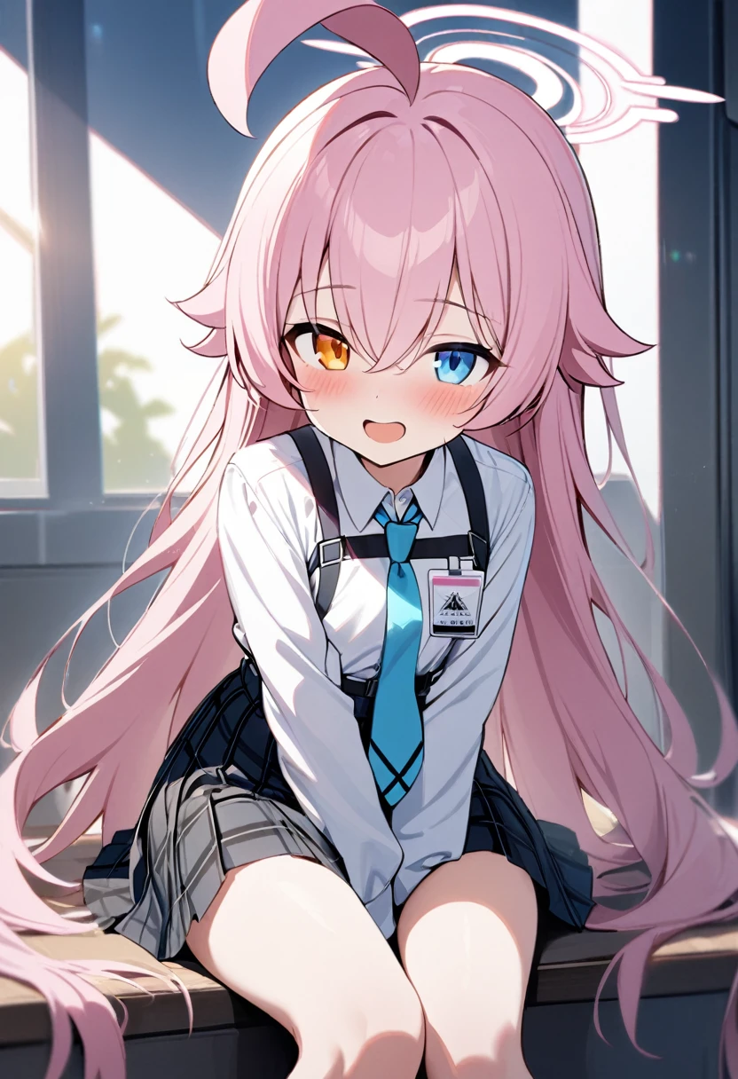 1girl, hoshino (blue archive), solo, heterochromia, pink hair, skirt, long hair, necktie, ahoge, shirt, halo, plaid skirt, blue eyes, plaid, looking at viewer, white shirt, sitting, orange eyes, chest harness, harness, long sleeves, id card, open mouth, very long hair, collared shirt, smile, blue necktie, bangs, feet out of frame, between legs, hand between legs, blush, hair between eyes, highres,masterpiece, best quality