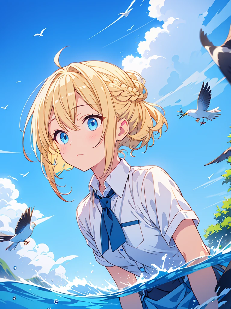 Blonde hair with light blue tips,Braid,blue eyes,Black Feather,Blue sky,Water Drop,White Bird,blue bird ,Crow