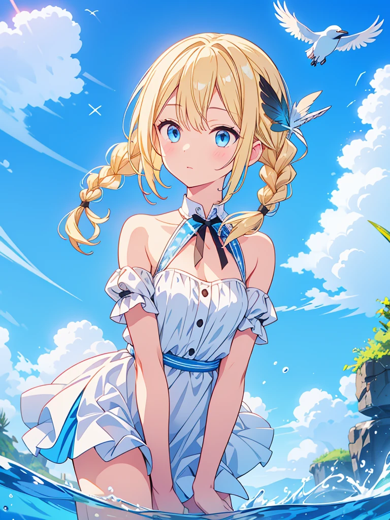 Blonde hair with light blue tips,Braid,blue eyes,Black Feather,Blue sky,Water Drop,White Bird,blue bird ,Crow