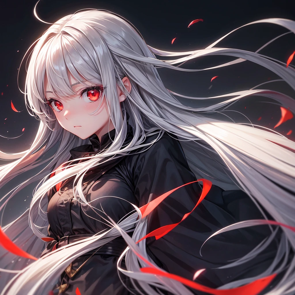 One girl, Long Hair, High resolution, Gaze, Food, Gray Hair, Simple Background, far and near method, Illustration, Hair blowing in the wind, Deco bangs, Red eyes, Sad, mysterious
