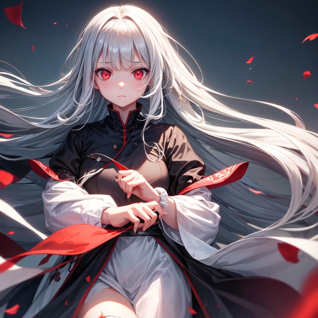 Make me an anime character with white hair and dress in a kimetsu no yaiba with a black and red haori,white skin with a combined katana ,that the character is a man 