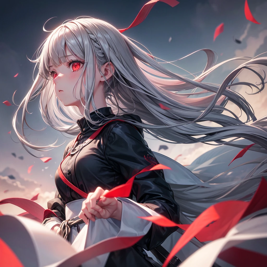 One girl, Long Hair, High resolution, Gaze, Food, Gray Hair, Simple Background, far and near method, Illustration, Hair blowing in the wind, Deco bangs, Red eyes, Sad, mysterious