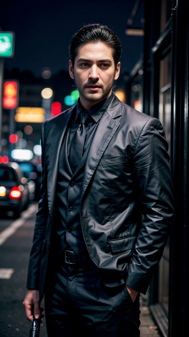 Symmetrical, High Detail RAW Color Photo Professional Photo, [:( High Detail Face: 1.2): 0.1], (lora:PJ DH), (Highest quality, Ultra HD, 16k, Masterpiece) Mahesh babu, portraying a character akin to John Wick, strides with purpose through the neon-lit streets of Tokyo at night. The shot is a close up view that captures him and the vibrant cityscape around him. He has a stoic and determined expression, his rugged features highlighted by subtle shadows and the glow of city lights. His hair is swept back, adding to his sharp and focused demeanor. He is dressed in a sleek, tailored suit that exudes both elegance and lethality. The suit, dark in color, fits him perfectly, accentuating his athletic physique. Underneath the jacket, he wears a crisp dress shirt with an open collar, revealing a hint of a tactical vest and holster harness underneath. His pants are tailored for movement, paired with polished leather shoes that reflect the city's lights with each step. Mahesh Babu holds a customized pistol in one hand, the weapon gleaming under the neon lights, held in a stylized and confident manner akin to John Wick's iconic pose. His other hand rests casually in his pocket, a subtle yet powerful gesture that adds to his aura of calm readiness. In the background, Tokyo's streets buzz with life, illuminated by a myriad of neon signs and bustling with a blend of traditional and modern architecture. The city skyline looms in the distance, a testament to its vibrant and dynamic atmosphere. The shot captures the essence of urban elegance and danger, with Mahesh Babu's presence as the focal point amidst the city's nocturnal energy. The lighting is cinematic, with contrasts that emphasize both the sharp lines of his attire and the depth of the urban backdrop. The overall scene encapsulates the essence of a modern-day warrior navigating a world where danger lurks around every corner, blending style with lethal precision. (((close up shot)))