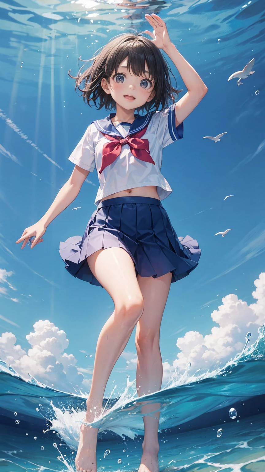 A very cute elementary school girl, around 10 years old, is swimming in the sea. She looks like she’s having a great time.