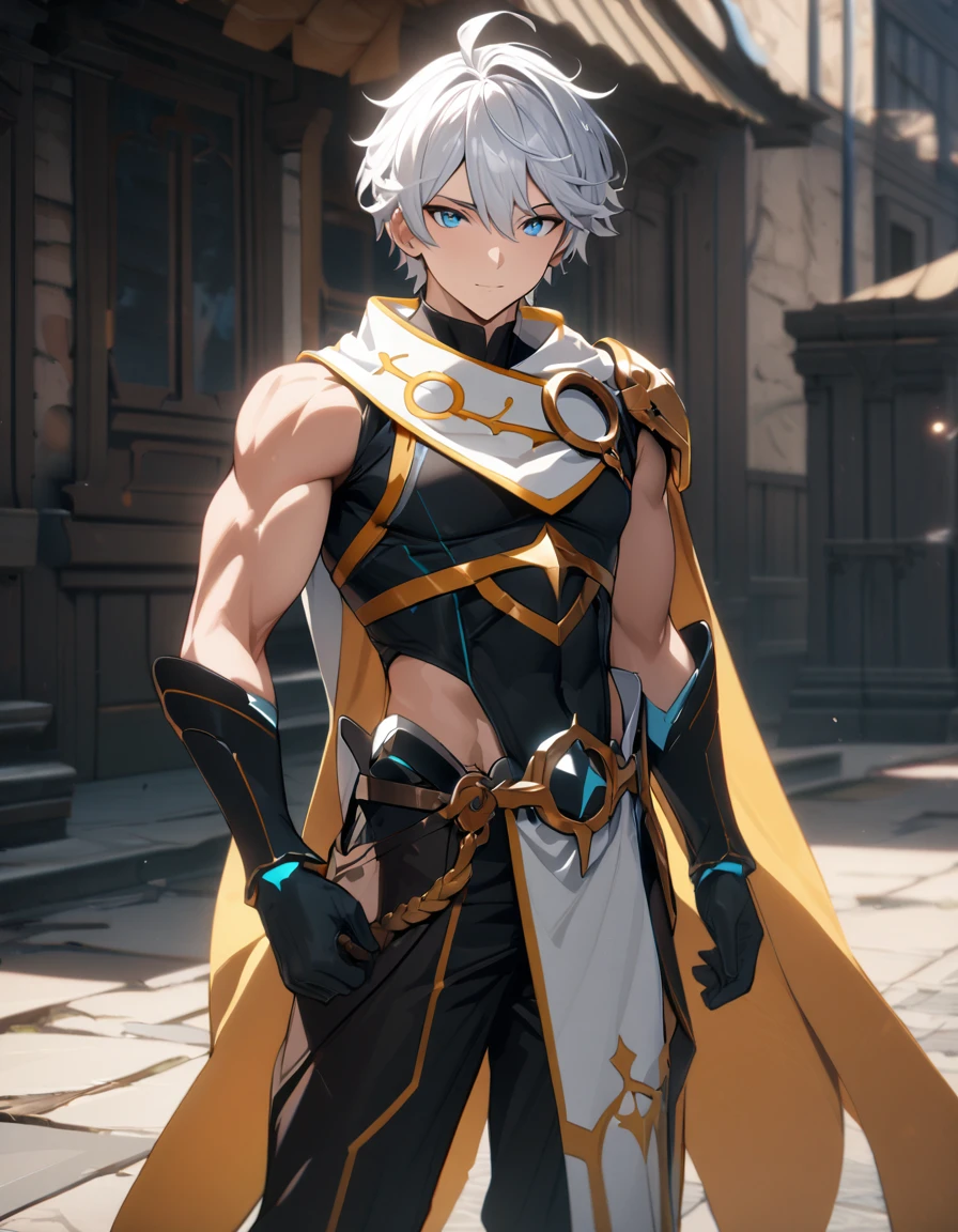 1 male, short hair, white hair, blue eyes, aether clothes, (best quality,4k,highres,masterpiece:1.2), slightly muscular