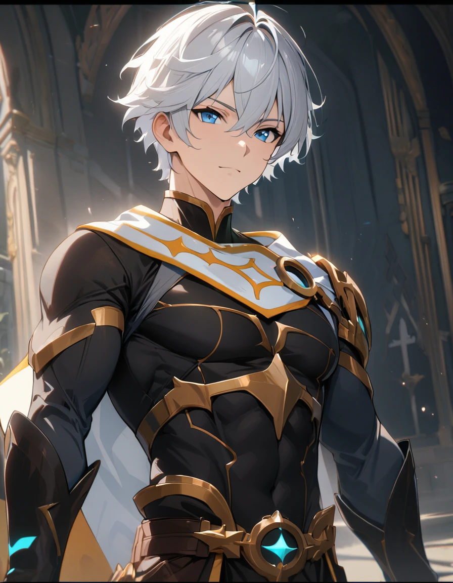 1 male, short hair, white hair, blue eyes, aether clothes, (best quality,4k,highres,masterpiece:1.2), slightly muscular