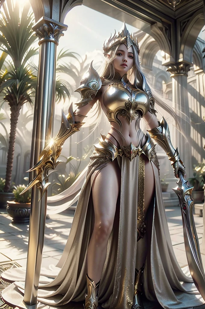 Realistic image, cinematic soft shadows. in the courtyard realm. Elf Queen Body with Crown, Hips, Toned, Gypsy Warrior (Full White Armor Made of Plastic Stainless Steel) ((Gold Details)) reflecting sunlight