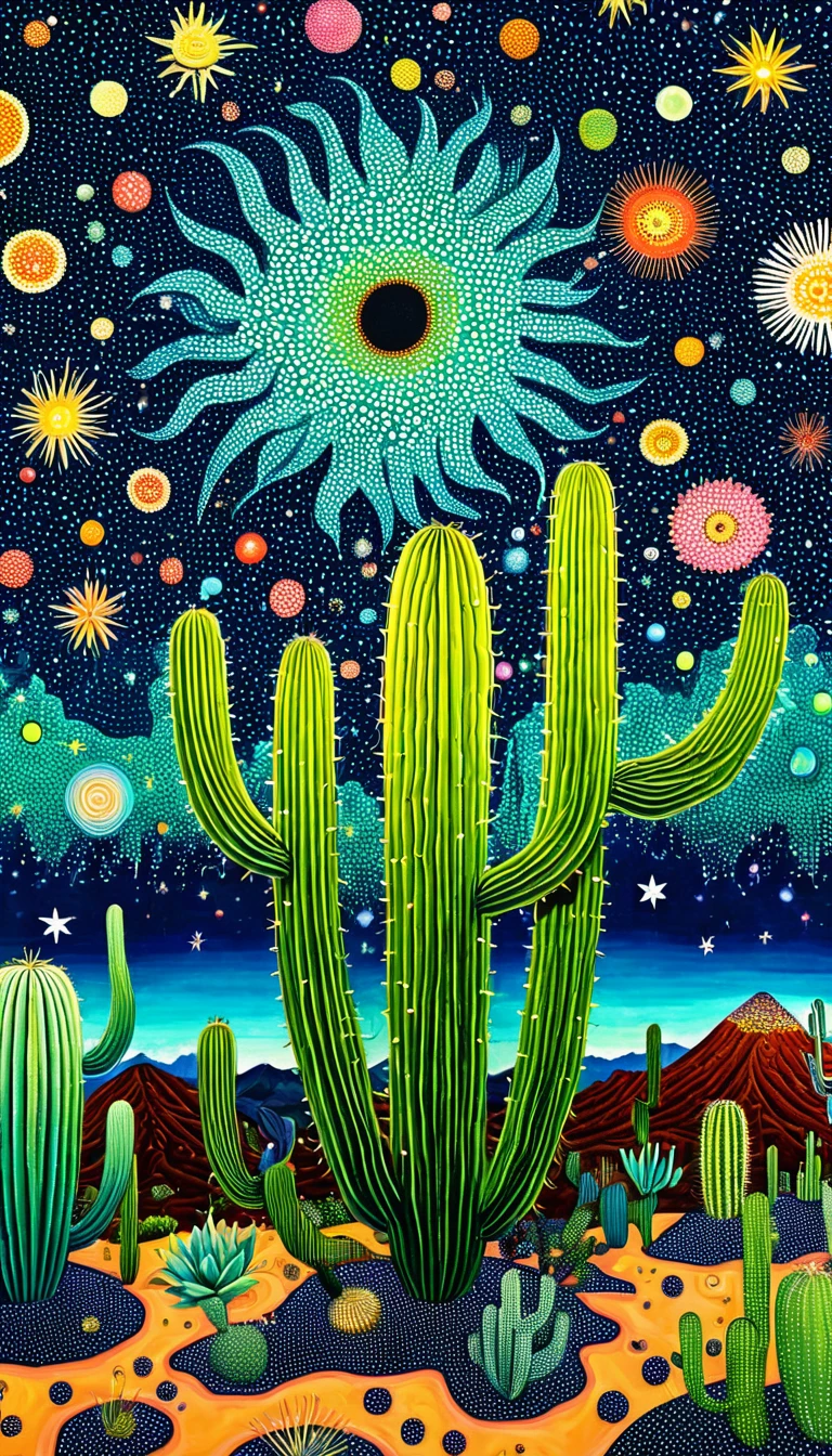 plantar、Marine life、Ojo、Starry sky，An abstract painting in the joint，Describing the inner world of autistic people，cactus、eye、Sense of space，blank space，Pointillism method，psychedelic art，interesting：1.5。Trypophobia