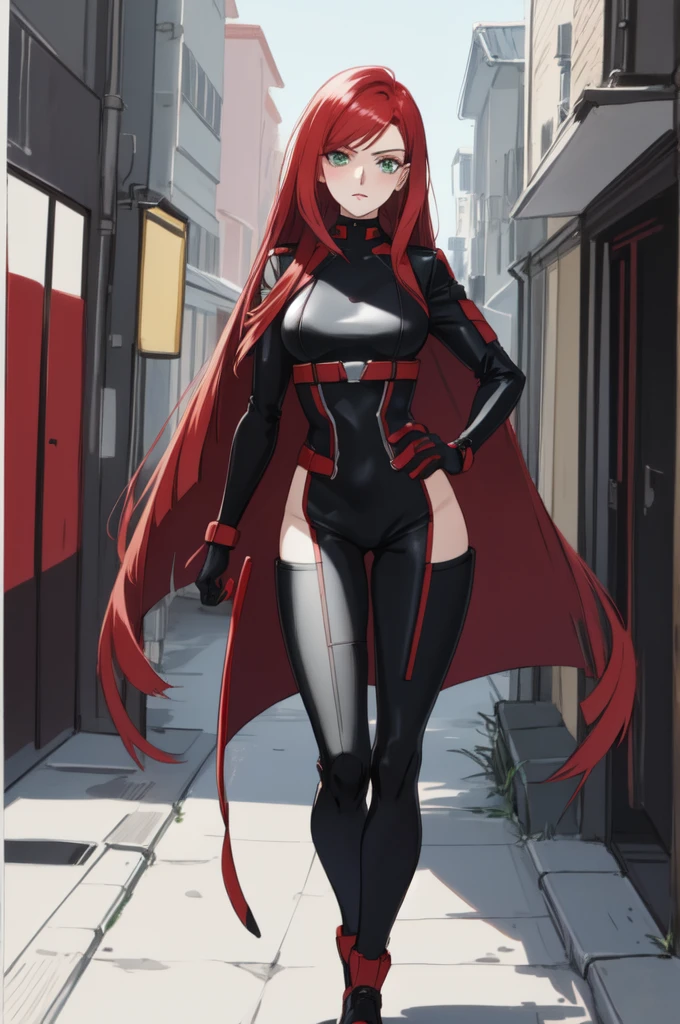 980s (style), retro artstyle, parody, source_anime, score_9, score_8_up, score_7_up, score_6_up, ((zPDXL2)), (cartoon, animification, anime colouring, style parody, absurd resolution, perfect anatomy, cowboy shot) BREAK natasha romanoff, red hair, long hair, bangs, green eyes, raised eyebrow, flirting, blush, ((looking at viewer)), bodysuit, belt, gloves, lipstick, makeup, curvy, toned, athletic, thigh gap,  standing, hands on hip, sexually suggestive, indoors