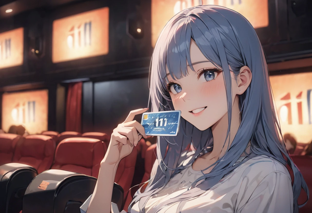 (Characters appear word of "1111"), (a forehead blue hair long hair cute girl, blue eyes, cute smile, hand holding Number Card of) (((("1111")))) on to cinema screen, BREAK, perfect anatomy, masterpiece, best quality, 16k, beautiful detailed cinema, daydreaming expression.
