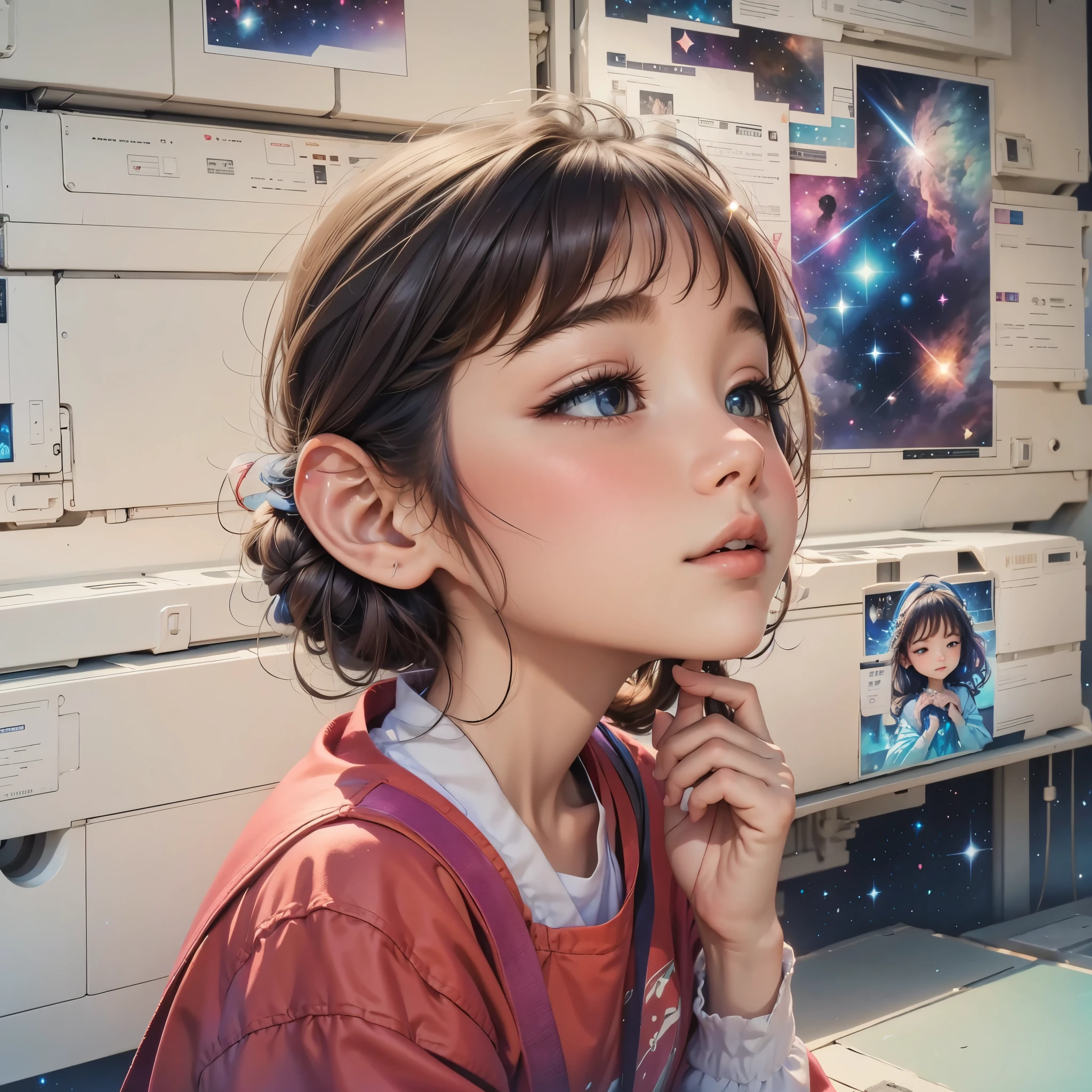 Young princess dreaming of nebula and galaxies, shooting stars, vibrant colors, night time sky background