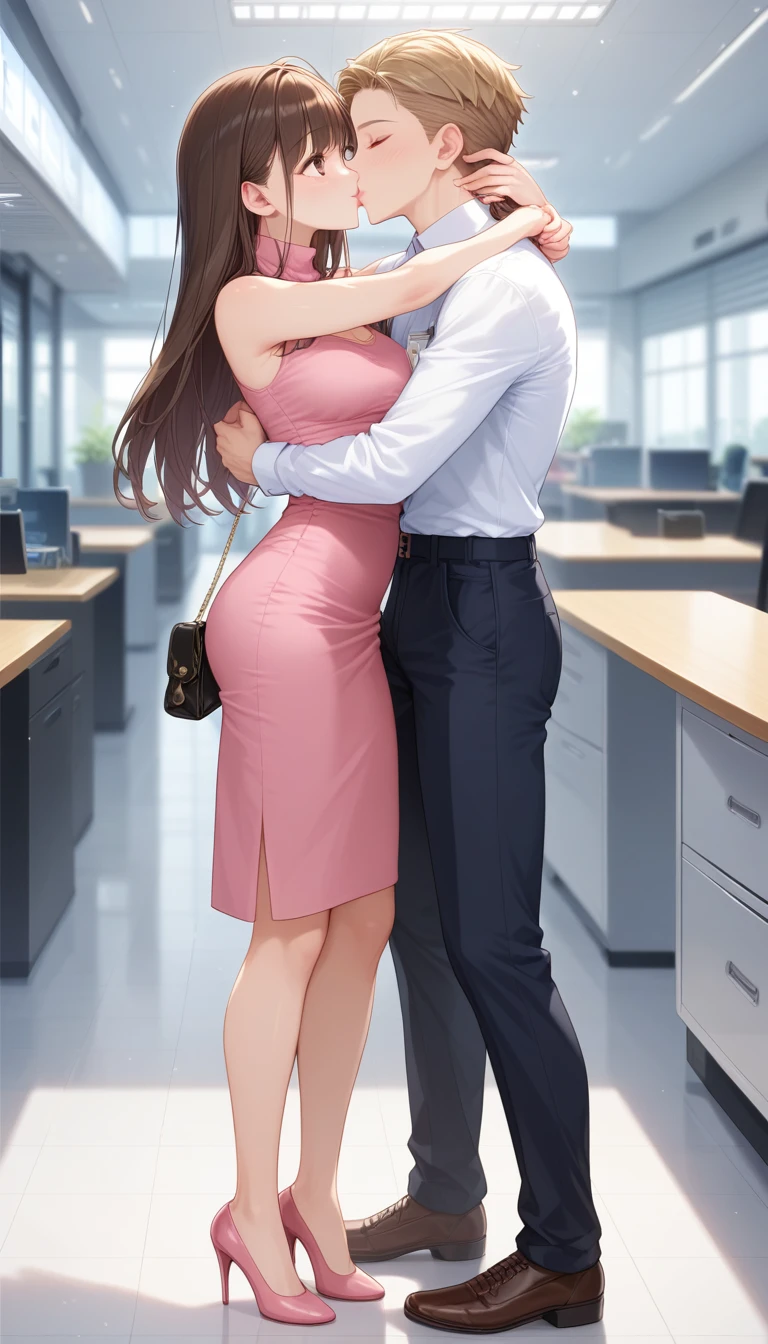 nsfw:1.0, ((Full Body Shot:1.0)),(An earnest office worker, Pink turtleneck knit maxi dress, Handbags, Station Background:1.2),8k, (A woman who is 155 cm tall),(Woman kissing man, tight hug, Medium Long Hair:1.1), Tabletop, RAW Photos, Highest quality, Highly detailed CG Unity 8k wallpaper, Depth of written boundary, Cinematic Light, Lens flare, Ray Tracing, (Very beautiful face, Beautiful Lips, Beautiful Eyes), Exquisitely detailed face, ((Highly detailed skin)), Deep Shadow, ((1 Girl)), (Very slim, lean and muscular body:1.0), ((The whole body is facing upwards:1.0)),((View your viewers)),(A shy smile:1.0,(Blurred Background),(No people in the background:1.3), Clear Eyes, (Pale skin), (Big eyes),(Brown Hair),small-medium breast