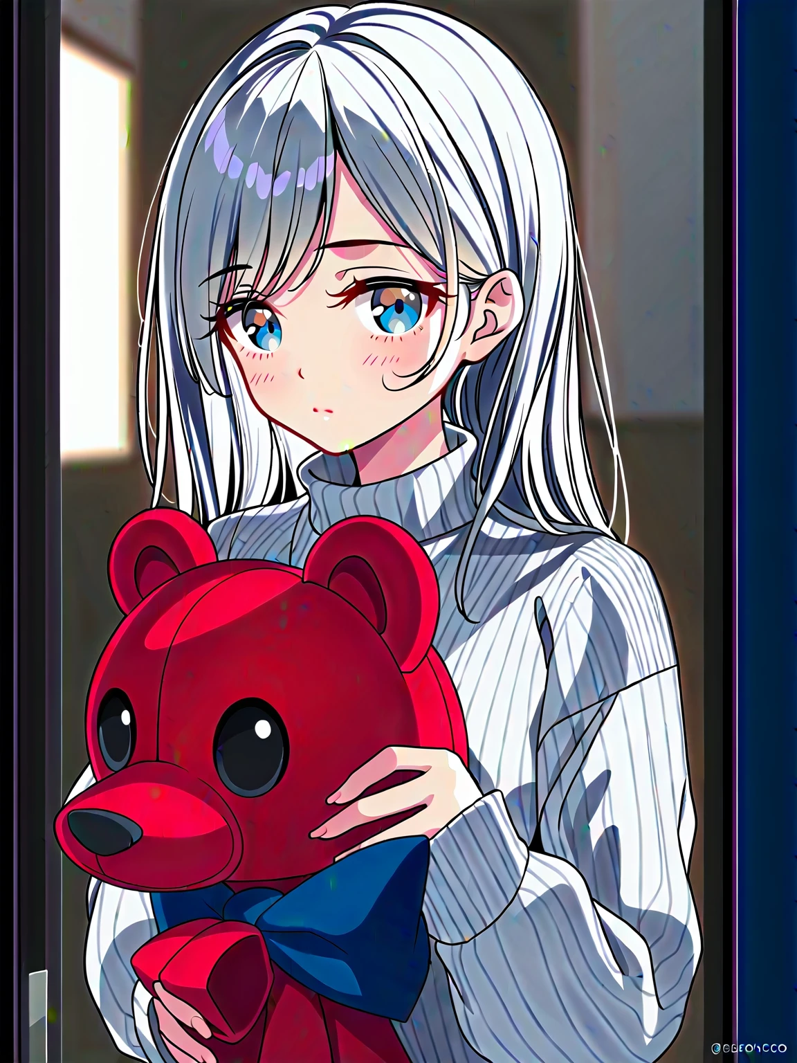 Fraction_9, Fraction_8_up, Fraction_7_up, Fraction_6_up, Fraction_5_Direction_4_up, masterpiece, best quality, 1 Girl, blue eyes, Solitary, sweater, blush, Weaving, Looking at the audience, Plush Toys, White hair, letter, Stuffed Animals, Teddy bear, Keep, letter封, Long hair, white sweater, bow, Bangs, Long sleeve, Hair between the eyes, blue bow