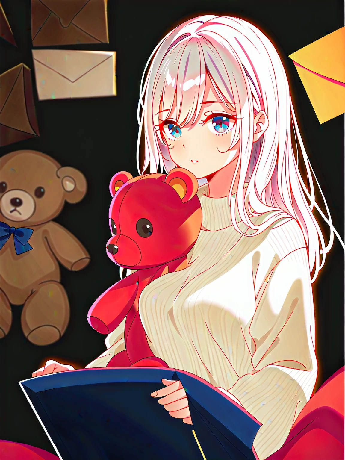 Fraction_9, Fraction_8_up, Fraction_7_up, Fraction_6_up, Fraction_5_Direction_4_up, masterpiece, best quality, 1 Girl, blue eyes, Solitary, sweater, blush, Weaving, Looking at the audience, Plush Toys, White hair, letter, Stuffed Animals, Teddy bear, Keep, letter封, Long hair, white sweater, bow, Bangs, Long sleeve, Hair between the eyes, blue bow