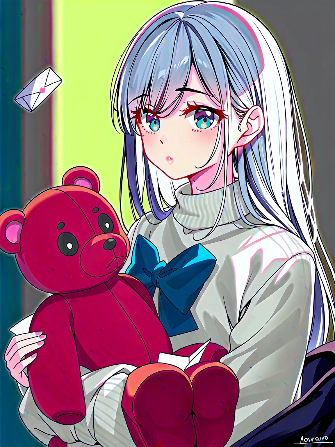 Fraction_9, Fraction_8_up, Fraction_7_up, Fraction_6_up, Fraction_5_Direction_4_up, masterpiece, best quality, 1 Girl, blue eyes, Solitary, sweater, blush, Weaving, Looking at the audience, Plush Toys, White hair, letter, Stuffed Animals, Teddy bear, Keep, letter封, Long hair, white sweater, bow, Bangs, Long sleeve, Hair between the eyes, blue bow