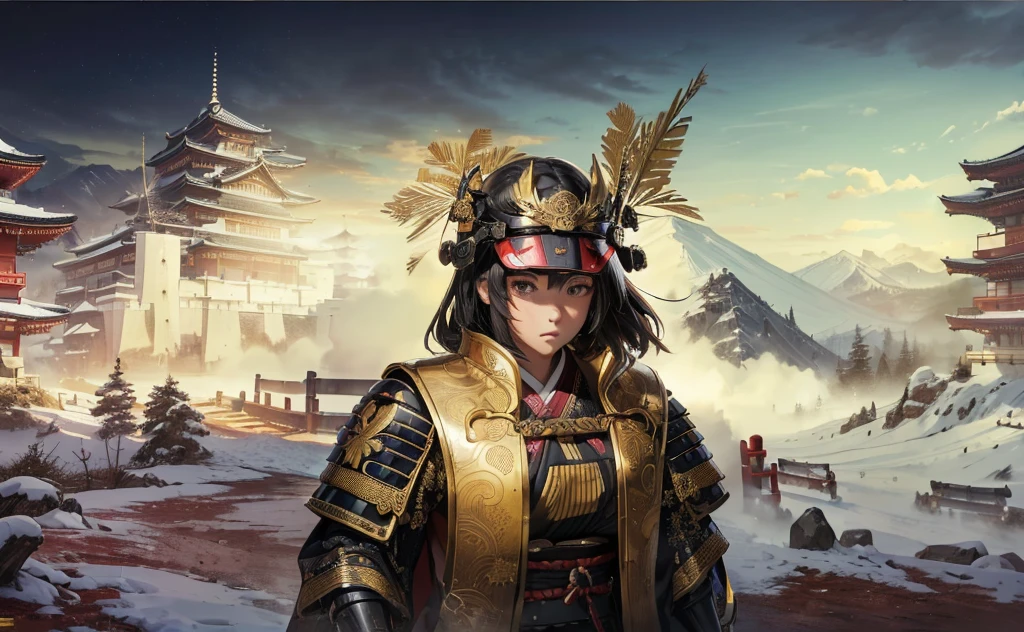 Female, (girls:1.5), (exceptional, best aesthetic, new, newest, best quality, anime, waifu:1.2), best quality, ultra detailed, absurdres, highres, colored, good anatomy, black hair, pretty face, Japanese Samurai armor, Samurai helmet, laurel leaves on helmet, swords, cape, Japanese castle, tree, snow mountain, fire,