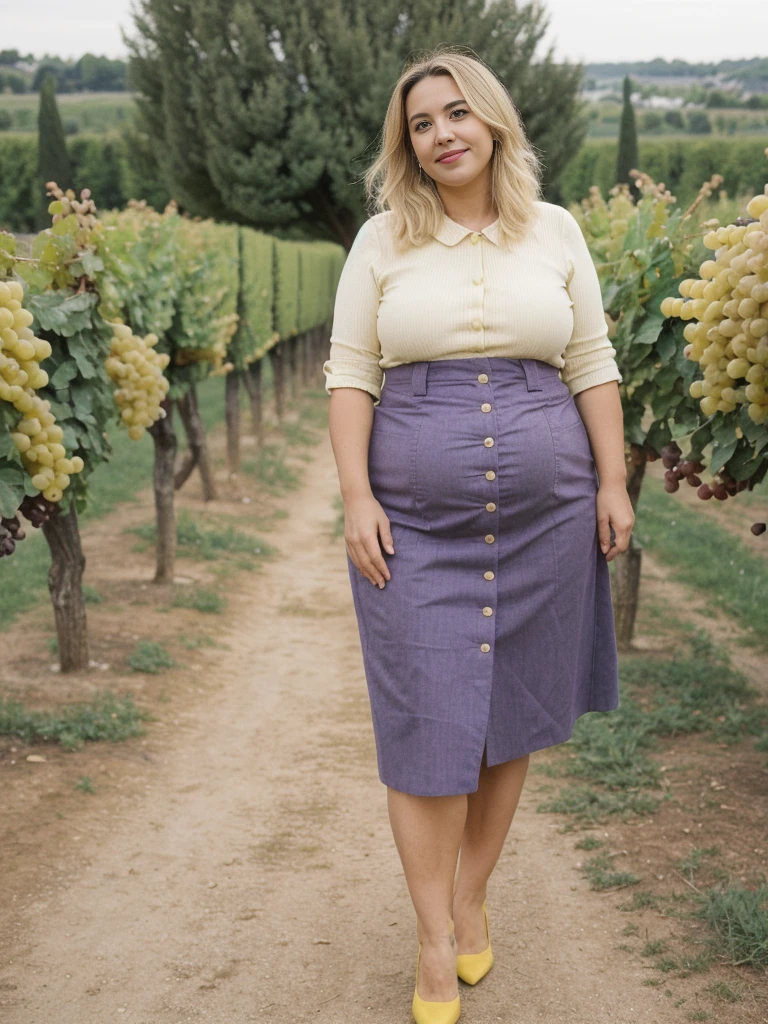 Xyrele, 1girl, solo, 30 years old, (((French face))), (((French nose))), (((French lips))), ((((chubby)))), (((wide hips))), (((blonde hair))), ((crinkly medium hair)), long hair, wearing yellow stylish palette trend modern wear and skirt, ((Background: grape yard in France)), ((upper body and upper legs))