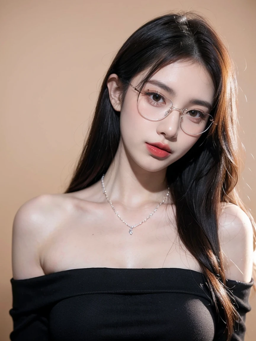 Top CG, Highest image quality, masterpiece, Gentle and beautiful girl, (185cm美女), (fit), Imperial sister, Queen temperament, White skin, Perfect facial features, Bright Eyes, Red lips, Beautiful and cold (A major breakthrough)), Beautiful and heroic, Soft and long hair, shiny, Lace, net, Visible through clear skin, wear glasses, ruby neckLace, (black off-shoulder tops), 8K Image Quality, (Realistic Portraits), Characters fill the screen, (Facial lighting), ((eternal),Half frame glasses,Slightly tilt your head