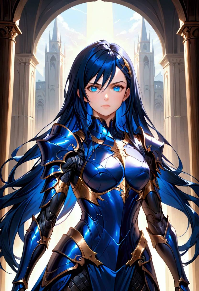long dark blue hair, blue eyes, tall athletic body,mature face, armor
