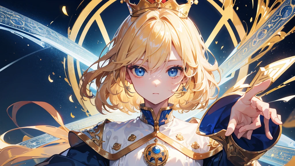 (Highest quality) (4K) (8k) (High resolution) (masterpiece:1.2) (Super detailed) One boy short hair Wizard Blue Eyes Long sleeve Golden decoration Hair between the eyes White Dress Wavy golden hair Upper Body (large crown) (White Background) front Face close-up Cast a spell