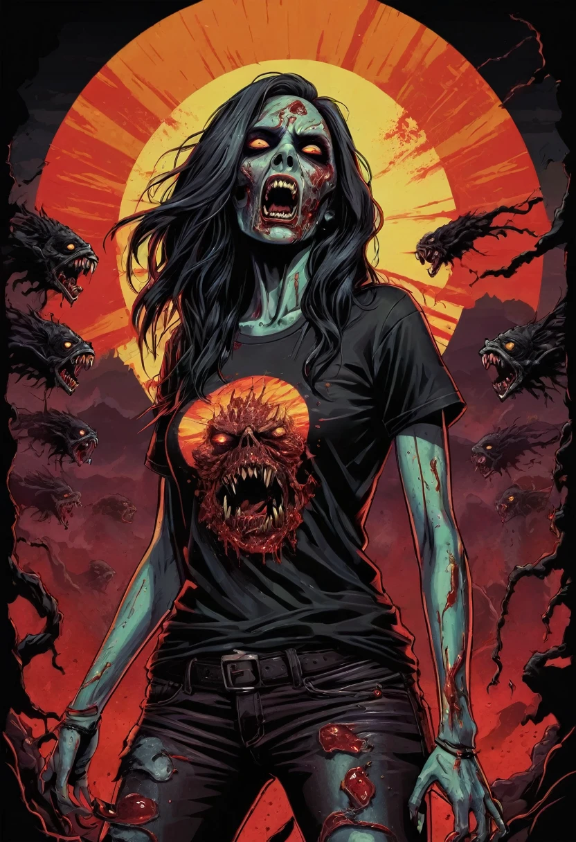 t-shirt design, Design a menacing black t-shirt with a full body woman zombie motif inspired by heavy metal music aesthetics. The artwork features a sleek, woman zombie coiled sinuously, its scales glistening in the dim light. woman zombie's mouth is wide open, revealing rows of razor-sharp teeth dripping with blood, exuding a sense of raw, primal aggression, bright sky and big sun in background, enhancing the ominous atmosphere of the design. woman zombie's eyes gleam with a malevolent glint, capturing the essence of danger and violence. The overall style is bold and intense, embodying the dark and edgy spirit of heavy metal music.
