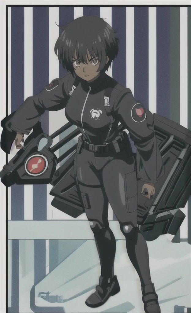 90s anime thin grown black skinned women with short black hair wearing a swat gear full body