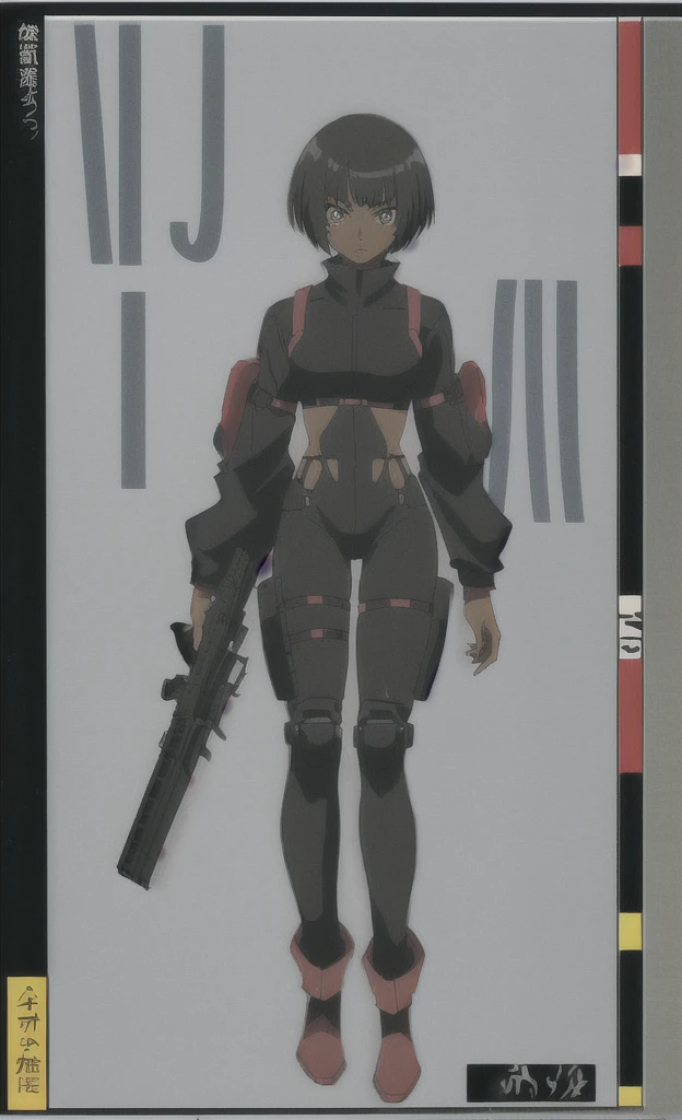 90s anime thin grown black skinned women with short black hair wearing a swat gear full body 