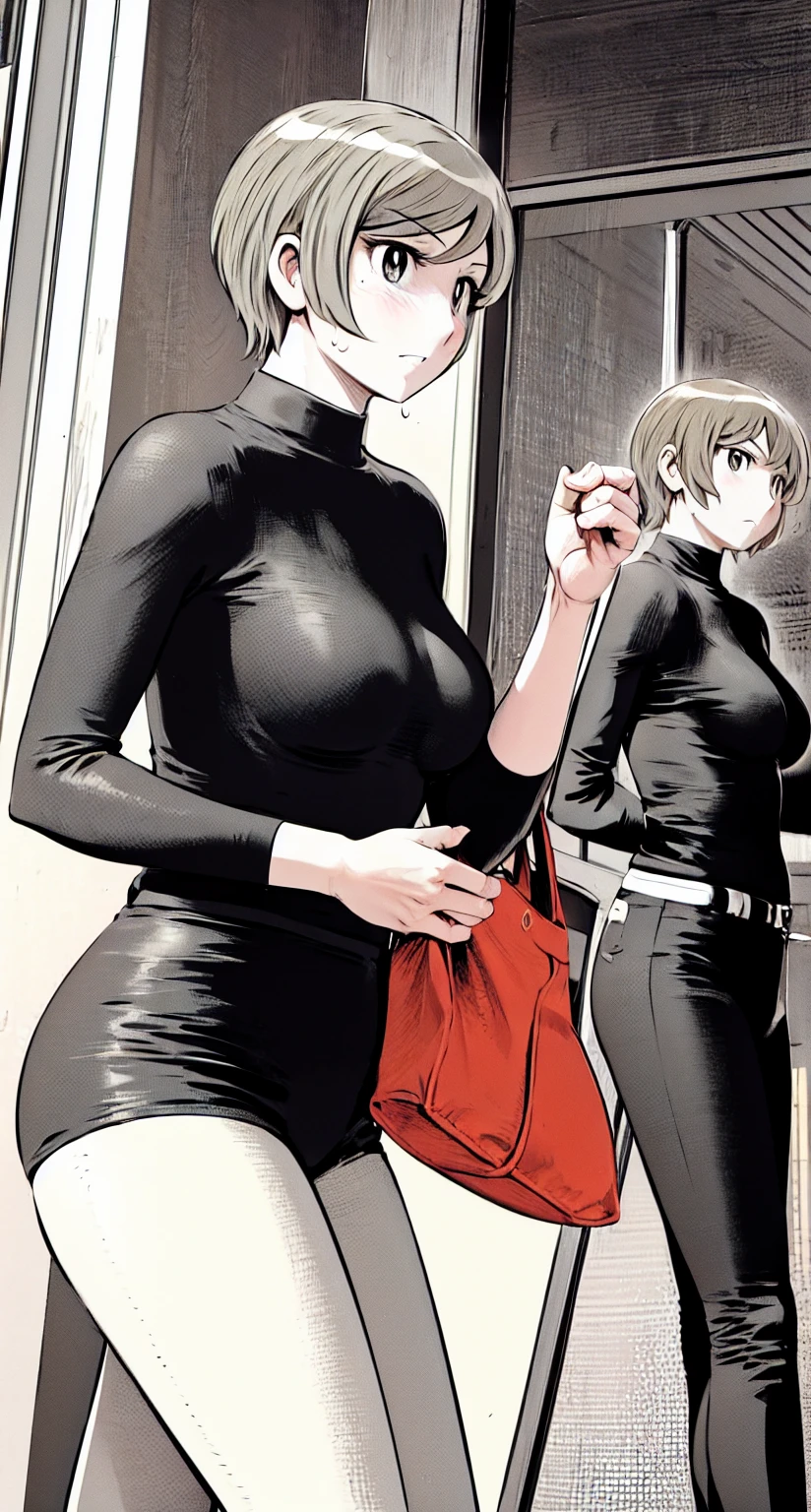 、(masterpiece、Highest quality)、Highest quality, Ultra-high resolution, (((masterpiece))), alone, Sweat、Big eyes,office、tight white dress shirt、Tight black suit、Tight black pants、indoor、Composition from the front、(後ろCut your hair short、short hair、blonde、woman)、Shortcuts、Embarrassed face、Cut your hair short、可愛いwomanの子、Big Breasts