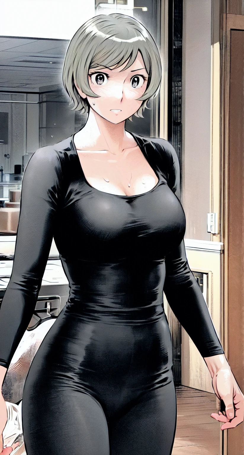 、(masterpiece、Highest quality)、Highest quality, Ultra-high resolution, (((masterpiece))), alone, Sweat、Big eyes,office、tight white dress shirt、Tight black suit、Tight black pants、indoor、Composition from the front、(後ろCut your hair short、short hair、blonde、woman)、Shortcuts、Embarrassed face、Cut your hair short、可愛いwomanの子、Big Breasts