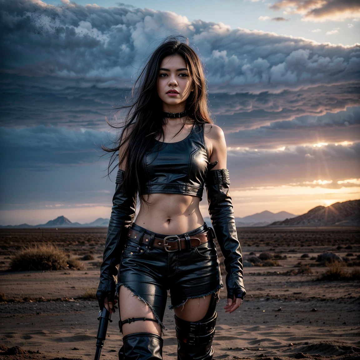 (Highest quality, Ultra HD, 16k, Masterpiece) The renowned actress Rashmika Mandanna, dressed as a character from the Mad Max universe, is standing in a desolate, post-apocalyptic desert. The shot is a medium view that captures her and the immediate surroundings. Keerthy Suresh has a rugged and determined expression, with dirt and grime accentuating her striking features. Her hair is windswept and tousled, adding to the gritty aesthetic. She is wearing a distressed leather jacket with metallic studs, straps, and patches, over a tattered tank top that reveals her fit physique. Her pants are rugged and worn, with multiple pockets and a utility belt filled with tools and weapons. She has knee-high combat boots, fingerless gloves, and protective gear strapped to her body, completing the fierce and battle-hardened look. The detailed textures and weathered appearance of her clothing and gear highlight her resilience and strength in this harsh environment. In the background, the desert stretches out under a dramatic, fiery sky filled with smoke and ash. The destruction of a huge Gastown is taking place, with towering flames, explosions, and crumbling structures, but these elements are less prominent, serving as a backdrop to emphasize her presence. The medium shot focuses on Keerthy Suresh's rugged costume, her fit physique, and her intense expression, while the background provides context without drawing attention away from her. The lighting is dramatic, with intense contrasts that emphasize the textures of her costume and her determined expression. The overall scene captures the essence of the Mad Max universe, with a focus on Keerthy Suresh's fierce character, her detailed and rugged costume, and the expansive, post-apocalyptic surroundings in the background. (((long hair))) ((long silky hair))), (((long shot))), (((zoomed out))), ((((zoomed out))))