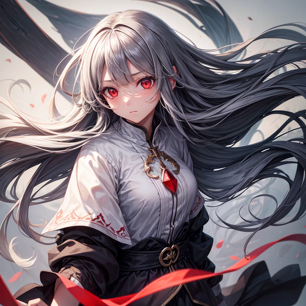 One girl, Long Hair, High resolution, Gaze, Food, Gray Hair, Simple Background, far and near method, Illustration, Hair blowing in the wind, Deco bangs, Red eyes, Sad, mysterious、beautiful