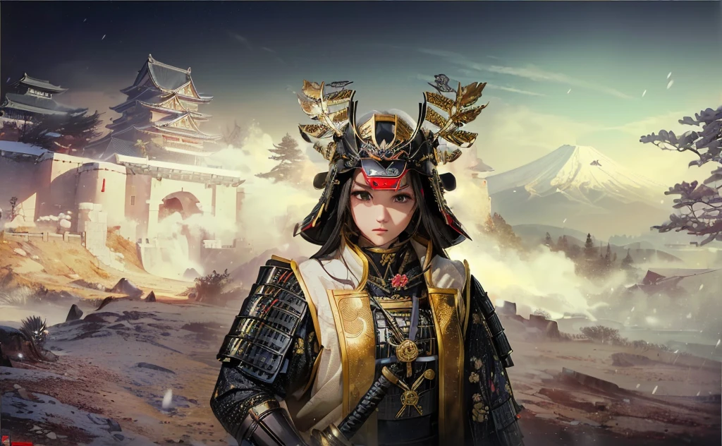 Female, (girls:1.5), (exceptional, best aesthetic, new, newest, best quality, anime, waifu:1.2), best quality, ultra detailed, absurdres, highres, colored, good anatomy, black hair, pretty face, Japanese Samurai armor, Samurai helmet, laurel leaves on helmet, swords, cape, Japanese castle, tree, snow mountain, fire,