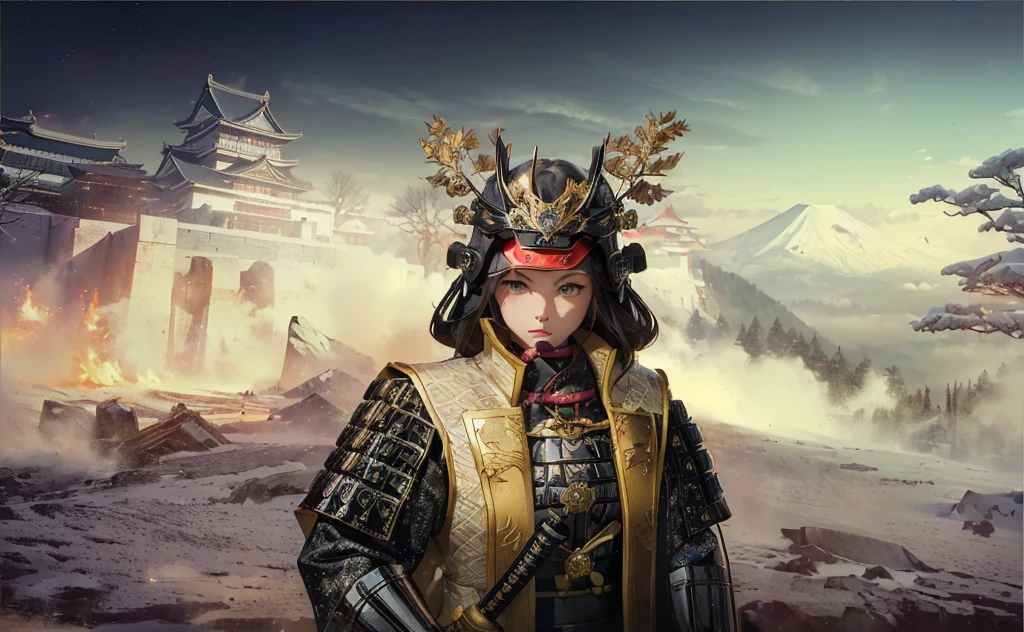 Female, (girls:1.5), (exceptional, best aesthetic, new, newest, best quality, anime, waifu:1.2), best quality, ultra detailed, absurdres, highres, colored, good anatomy, black hair, pretty face, Japanese Samurai armor, Samurai helmet, laurel leaves on helmet, swords, cape, Japanese castle, tree, snow mountain, fire,