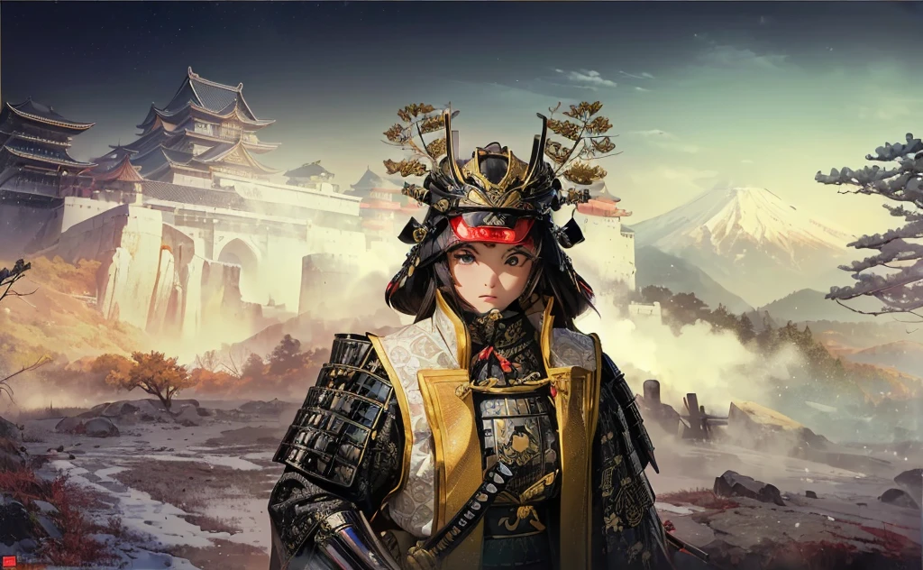 Female, (girls:1.5), (exceptional, best aesthetic, new, newest, best quality, anime, waifu:1.2), best quality, ultra detailed, absurdres, highres, colored, good anatomy, black hair, pretty face, Japanese Samurai armor, Samurai helmet, laurel leaves on helmet, swords, cape, Japanese castle, tree, snow mountain, fire,