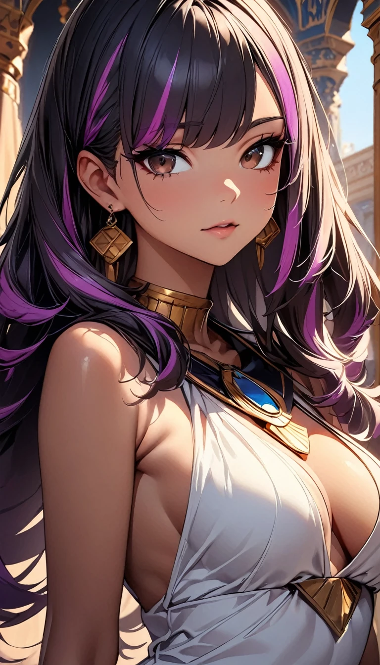 (highest quality:1.2, Very detailed, up to date, Vibrant, Ultra-high resolution, High Contrast, masterpiece:1.2, highest quality, Best aesthetics), Portraiture、girl、((25-years-old:1)), Bright colors、Beautiful fine details、Beautiful lip detail、(sexy Egyptian Goddess Outfit:1), long hair、black and purple ((streaked hair:1.6)), highlights hair: 1.5, brown eyes, gold earrings, ((slim body:1.4)), (small breast:0.7), (dark skin:0.5), in Moroccan palaces, Cowboy shot,