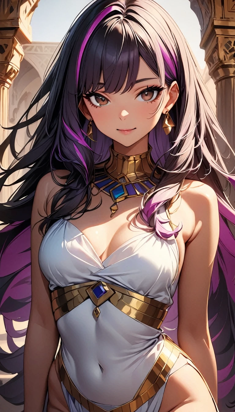 (highest quality:1.2, Very detailed, up to date, Vibrant, Ultra-high resolution, High Contrast, masterpiece:1.2, highest quality, Best aesthetics), Portraiture、girl、((25-years-old:1)), Bright colors、Beautiful fine details、Beautiful lip detail、(sexy Egyptian Goddess Outfit:1), long hair、black and purple ((streaked hair:1.6)), highlights hair: 1.5, brown eyes, gold earrings, ((slim body:1.4)), (small breast:0.7), (dark skin:0.5), in Moroccan palaces, Cowboy shot,