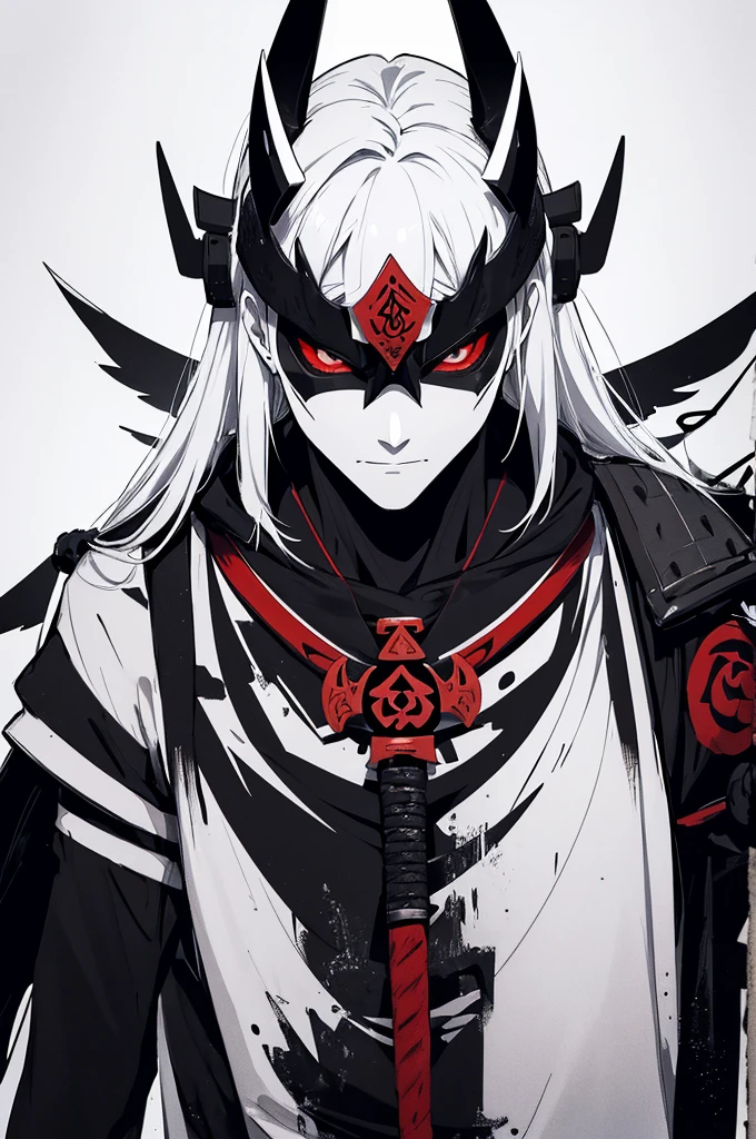 Samurai wearing a mask, with your body half taken over by black magic, using a katana emanating divine power, on your back two wings, one in each color, one being pure white and the other pure black, a demonic archangel, with only black and white details on your body, no red colors