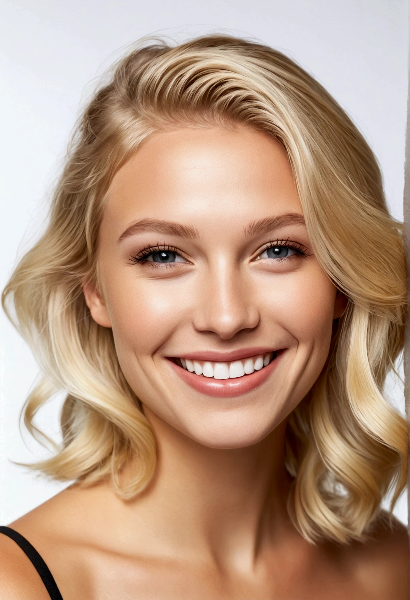 young, beautiful make-up, surfer with blonde hair, smiles with pleasure, behind her plain white background, bokeh, creation of 30s style, comic