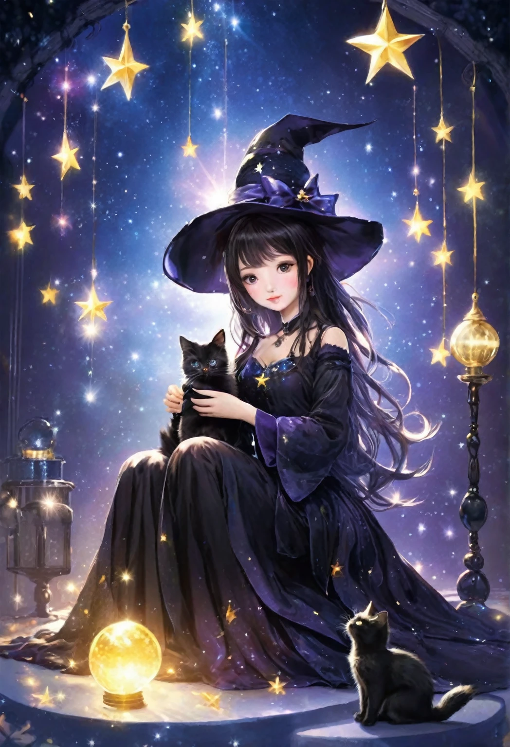 witch, Sitting elegantly and playing with a black kitten,glittering star々Background